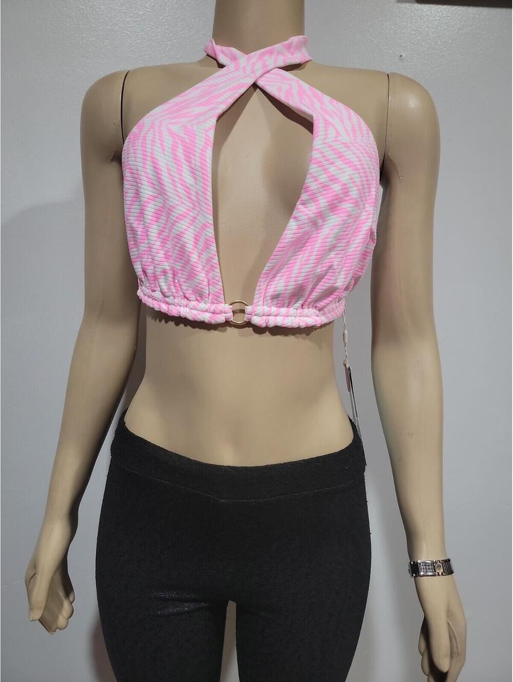 Beach Bunny Georgia Halter Bikini Top DD NWT Ribbed Pink White Stripe $105 #A